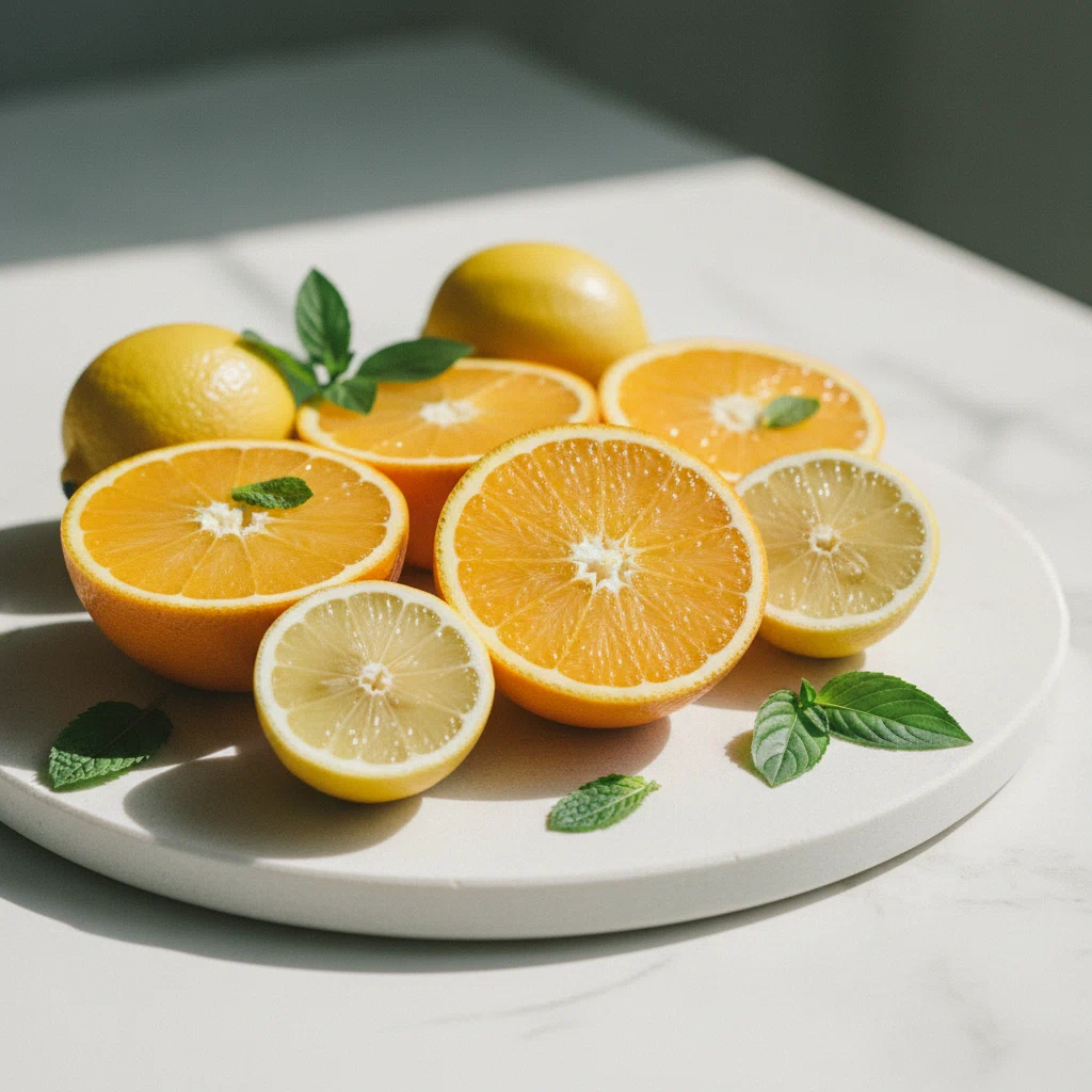 Appelsiinin puolikkaat ja sitruunat lähikuvassa kirkkaan taustan edessä