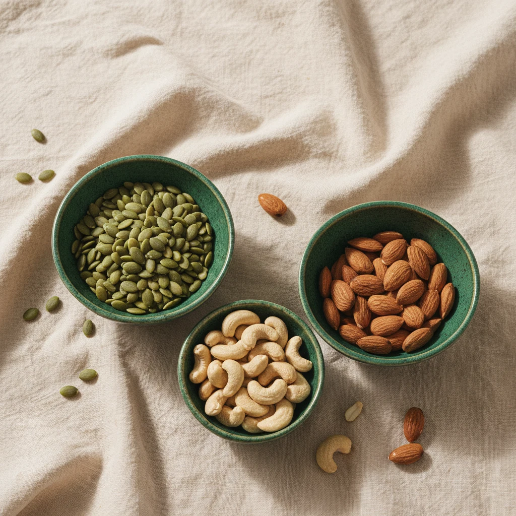 Kurpitsansiemeniä, manteleja ja cashew-pähkinöitä keraamisissa kulhoissa